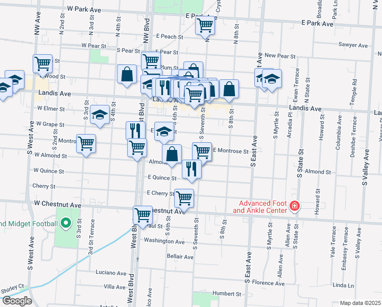 map of restaurants, bars, coffee shops, grocery stores, and more near 627 East Montrose Street in Vineland