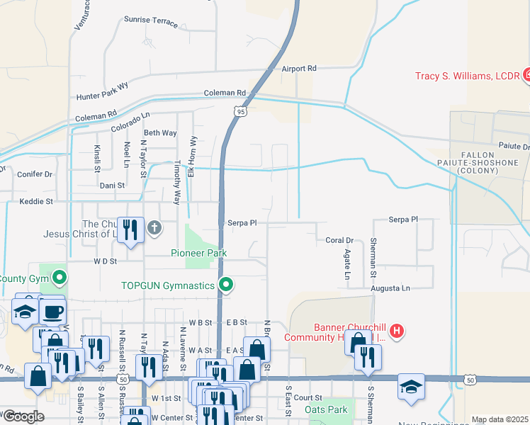 map of restaurants, bars, coffee shops, grocery stores, and more near 188 Henley Court in Fallon