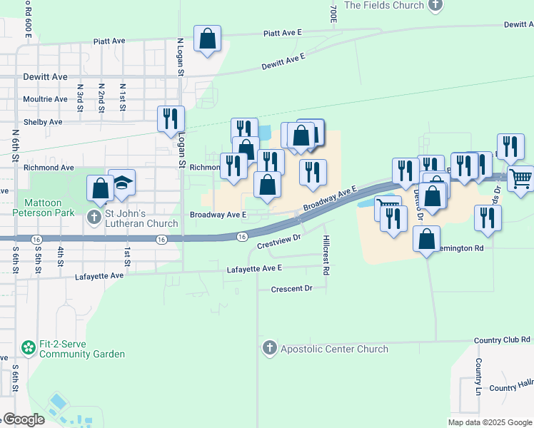 map of restaurants, bars, coffee shops, grocery stores, and more near 400 Broadway Avenue East in Mattoon