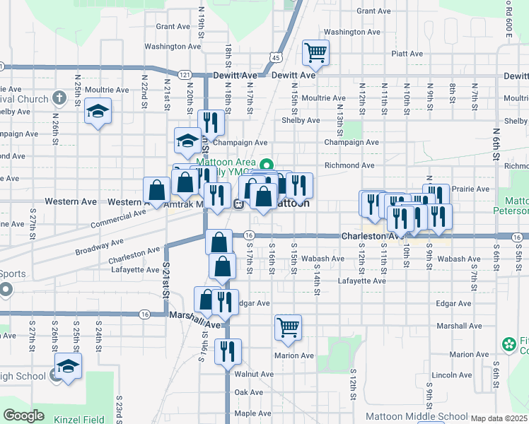 map of restaurants, bars, coffee shops, grocery stores, and more near 1632 Broadway Avenue in Mattoon