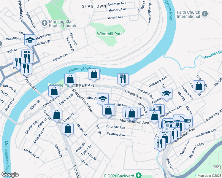 map of restaurants, bars, coffee shops, grocery stores, and more near 428 East Park Avenue in Fairmont