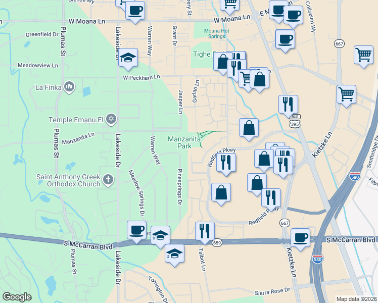 map of restaurants, bars, coffee shops, grocery stores, and more near 4625 Brittany Court in Reno