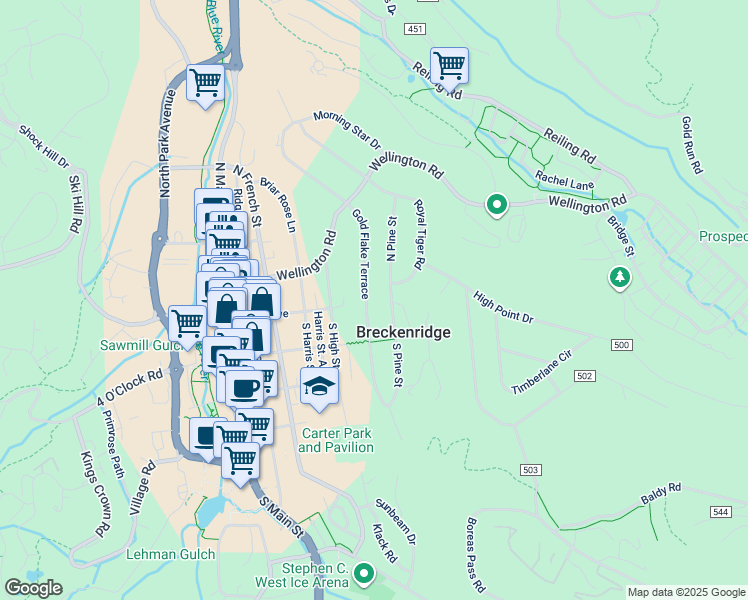 map of restaurants, bars, coffee shops, grocery stores, and more near 104 North Gold Flake Terrace in Breckenridge
