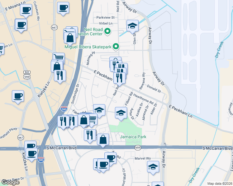 map of restaurants, bars, coffee shops, grocery stores, and more near 9 Smithridge Park in Reno