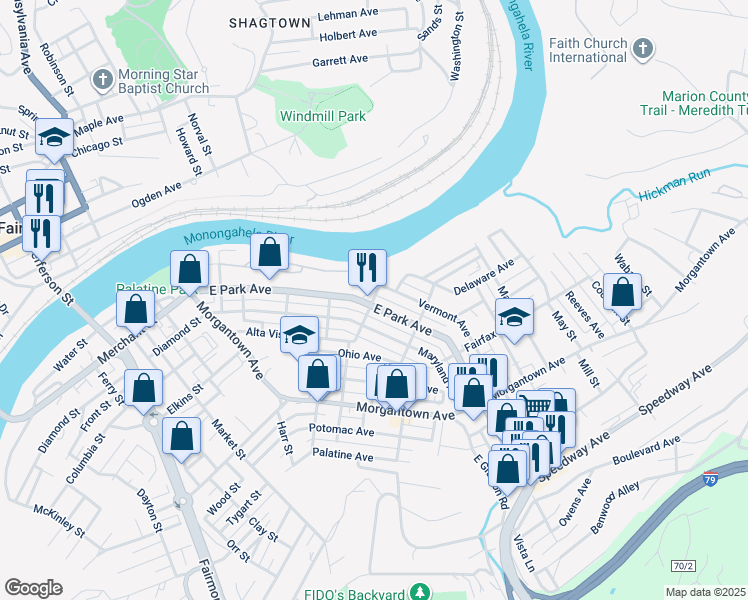 map of restaurants, bars, coffee shops, grocery stores, and more near 512 East Park Avenue in Fairmont