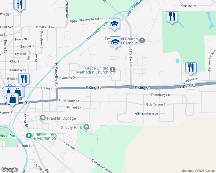 map of restaurants, bars, coffee shops, grocery stores, and more near 1270 East King Street in Franklin