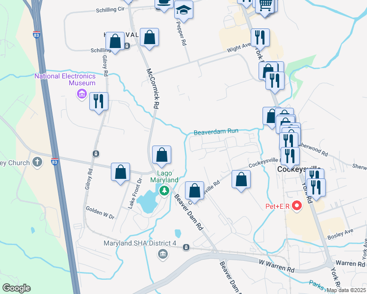 map of restaurants, bars, coffee shops, grocery stores, and more near in Cockeysville
