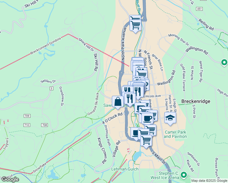 map of restaurants, bars, coffee shops, grocery stores, and more near 89 Mountain Thunder Drive in Breckenridge
