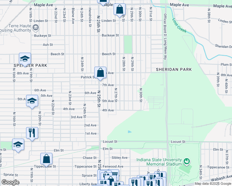 map of restaurants, bars, coffee shops, grocery stores, and more near 1457 North 27th Street in Terre Haute
