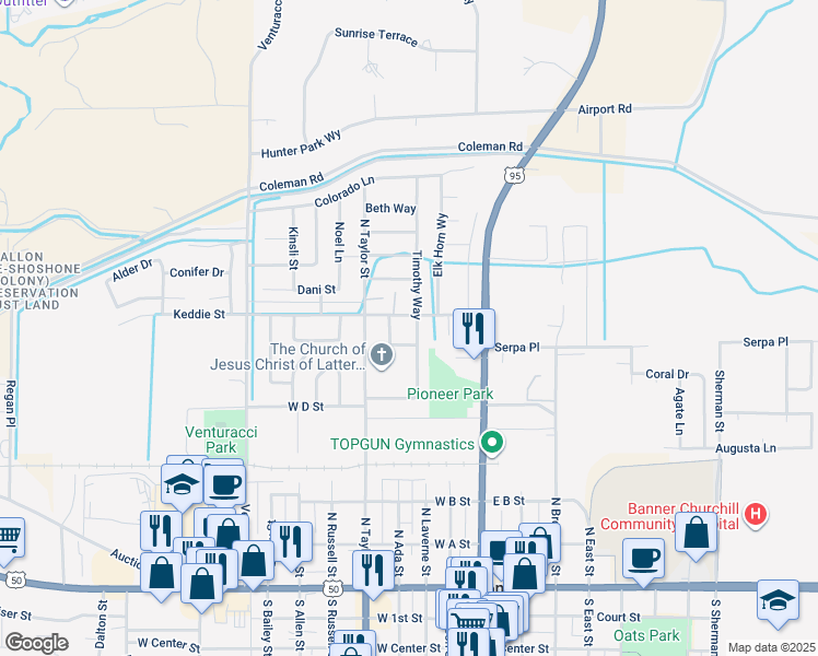 map of restaurants, bars, coffee shops, grocery stores, and more near 590 Amanda Lane in Fallon