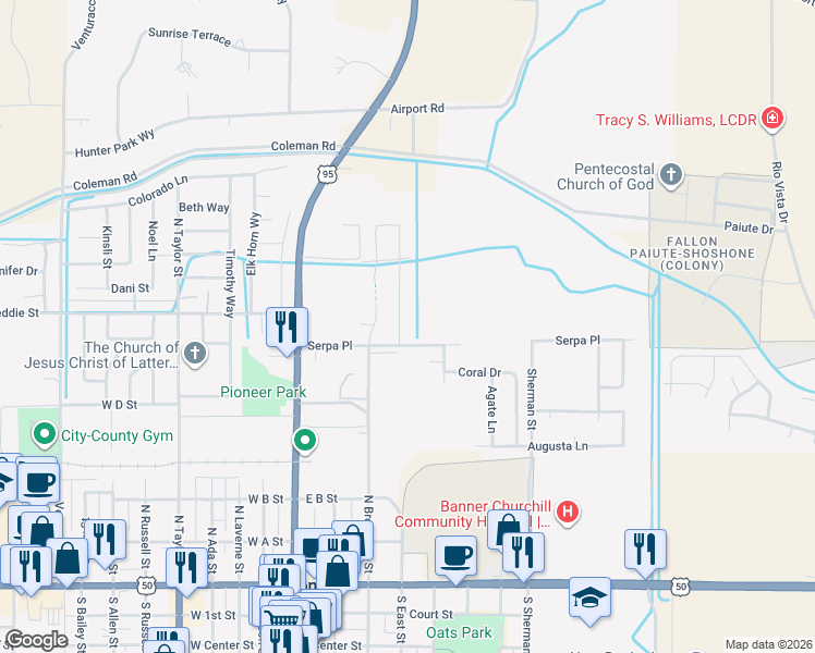 map of restaurants, bars, coffee shops, grocery stores, and more near 627 Keppel Street in Fallon