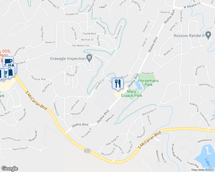 map of restaurants, bars, coffee shops, grocery stores, and more near 3333 Skyline Boulevard in Reno