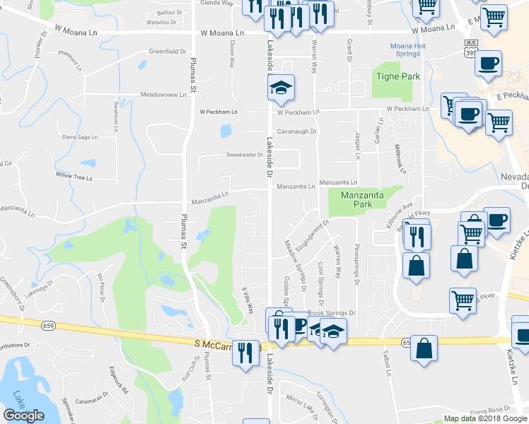 map of restaurants, bars, coffee shops, grocery stores, and more near 4410 Interlaken Court in Reno