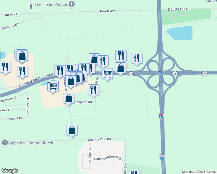 map of restaurants, bars, coffee shops, grocery stores, and more near Fort Worth Way in Mattoon