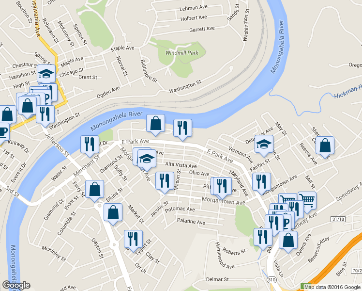 map of restaurants, bars, coffee shops, grocery stores, and more near 428 East Park Avenue in Fairmont