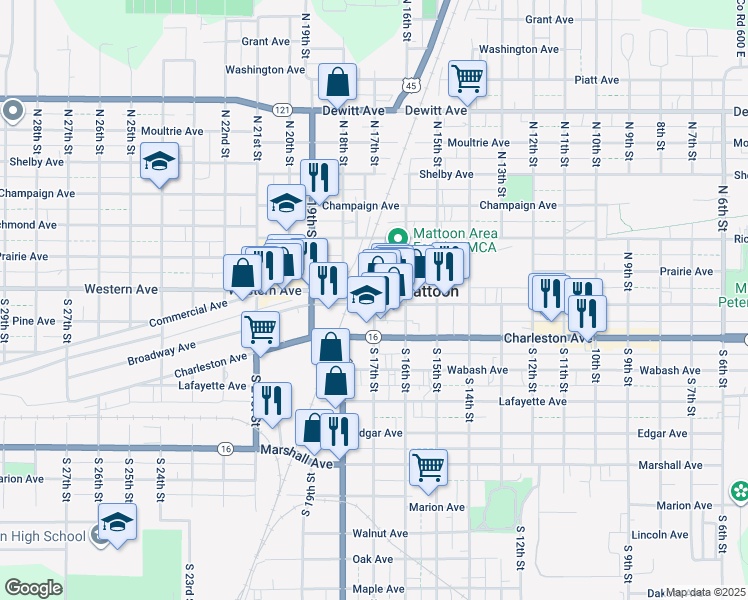 map of restaurants, bars, coffee shops, grocery stores, and more near 1632 Broadway Avenue in Mattoon