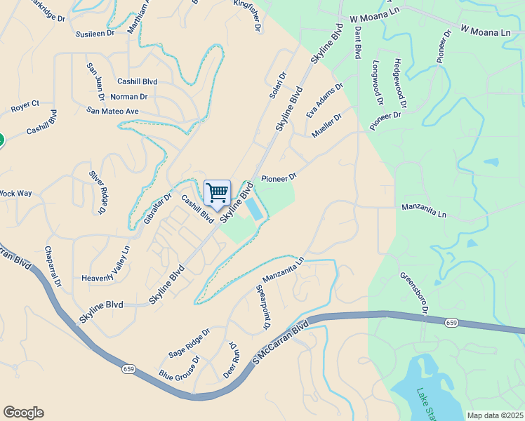 map of restaurants, bars, coffee shops, grocery stores, and more near 3000 Skyline Boulevard in Reno