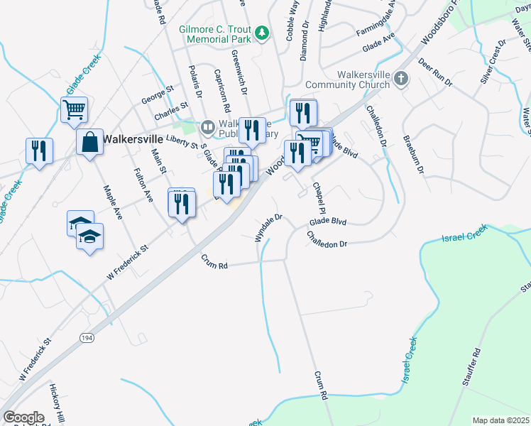 map of restaurants, bars, coffee shops, grocery stores, and more near in Walkersville