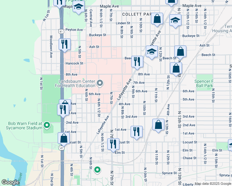 map of restaurants, bars, coffee shops, grocery stores, and more near 715 6th Avenue in Terre Haute