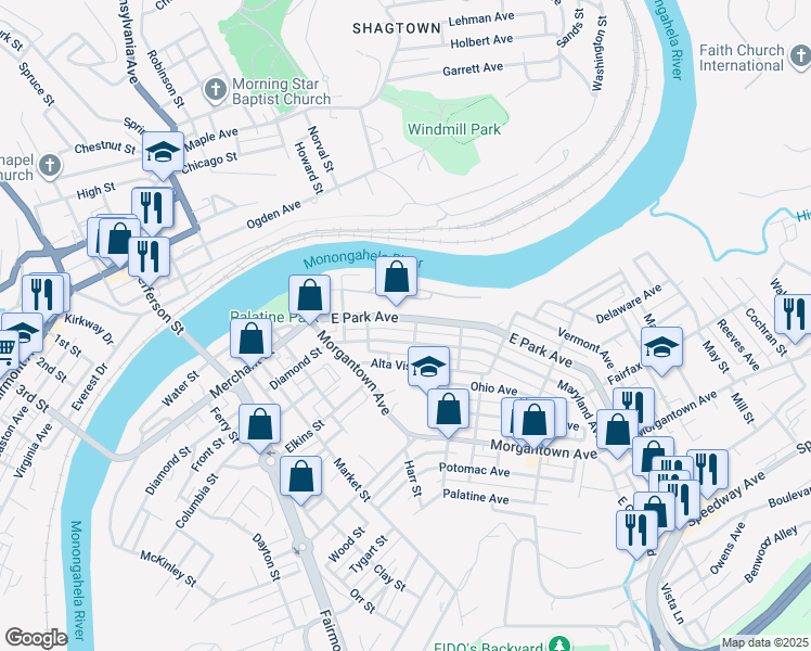 map of restaurants, bars, coffee shops, grocery stores, and more near 373 East Park Avenue in Fairmont