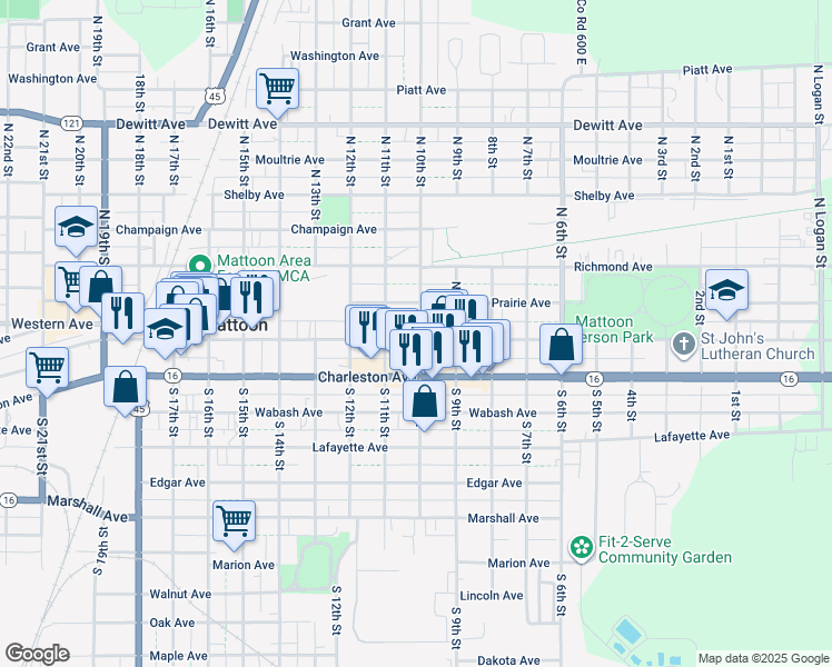 map of restaurants, bars, coffee shops, grocery stores, and more near 1000 Broadway Avenue in Mattoon