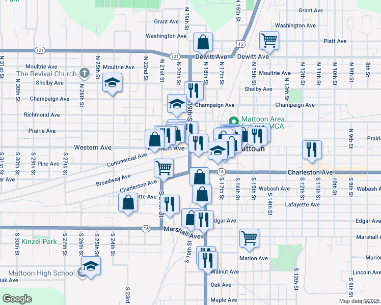 map of restaurants, bars, coffee shops, grocery stores, and more near 1913 Western Avenue in Mattoon