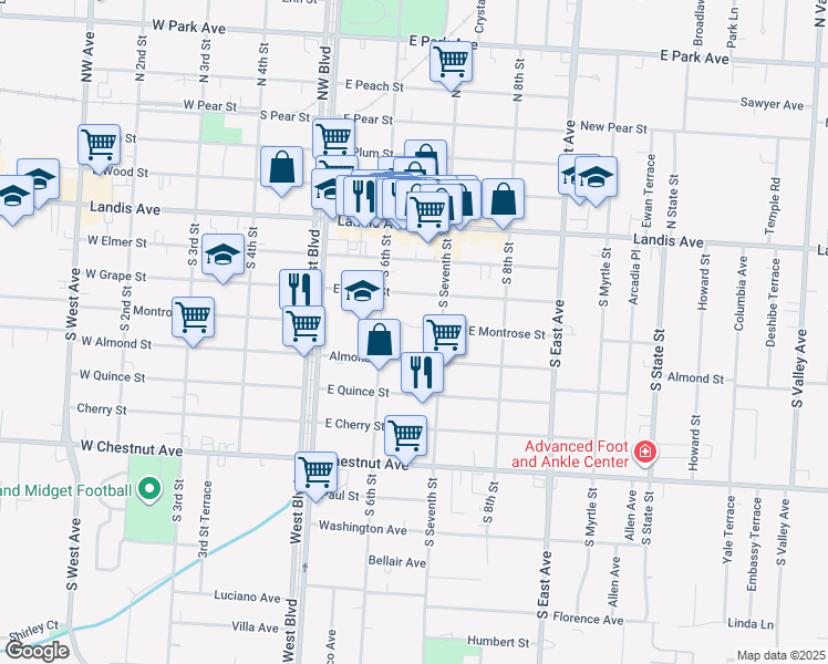 map of restaurants, bars, coffee shops, grocery stores, and more near 627 East Montrose Street in Vineland