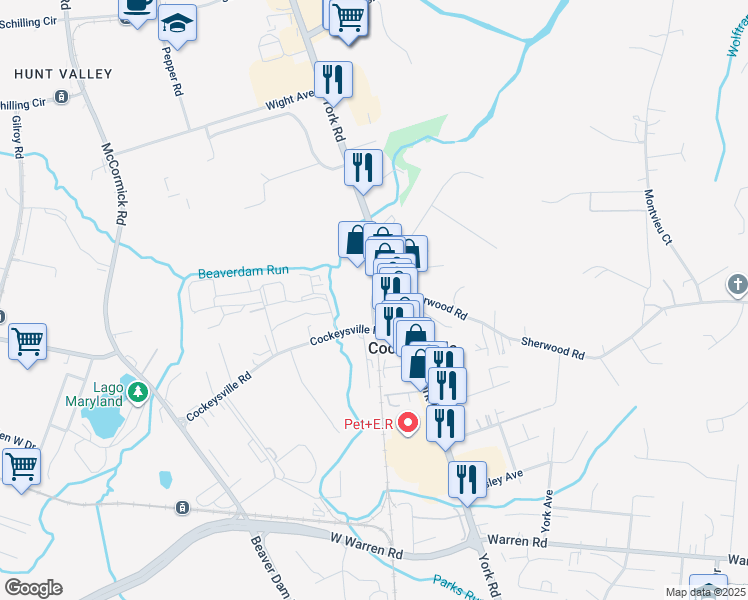 map of restaurants, bars, coffee shops, grocery stores, and more near 10831 Railroad Avenue in Cockeysville