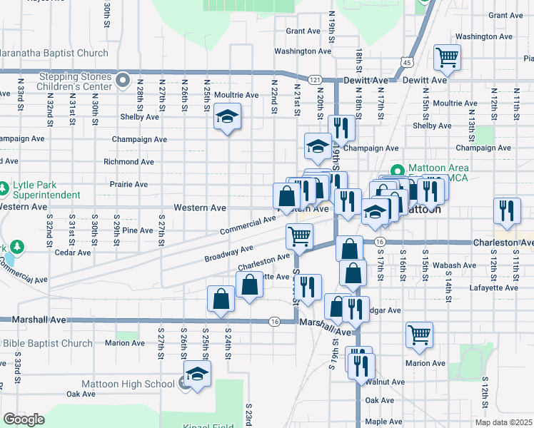 map of restaurants, bars, coffee shops, grocery stores, and more near 2201 Western Avenue in Mattoon