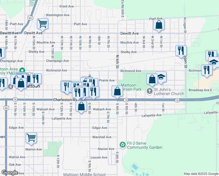 map of restaurants, bars, coffee shops, grocery stores, and more near 700 Broadway Avenue in Mattoon