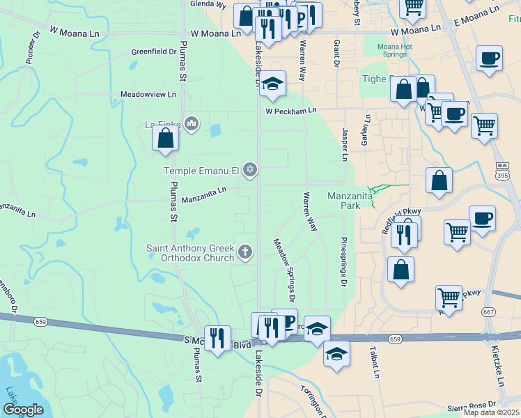map of restaurants, bars, coffee shops, grocery stores, and more near 4530 Lakeside Drive in Reno
