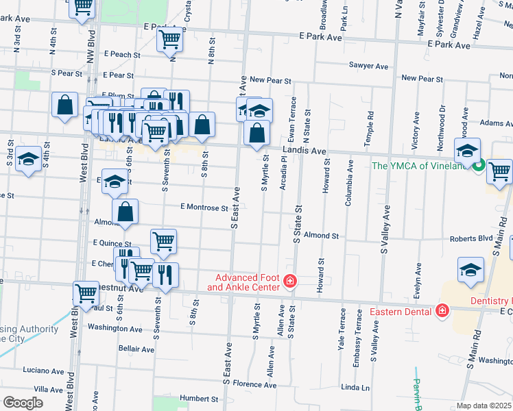 map of restaurants, bars, coffee shops, grocery stores, and more near 25 South Myrtle Street in Vineland