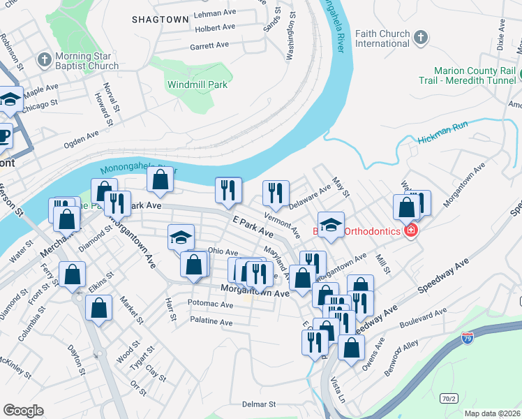 map of restaurants, bars, coffee shops, grocery stores, and more near 800 Euclid Street in Fairmont