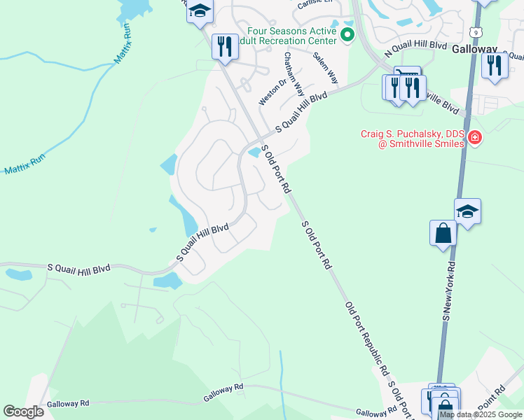 map of restaurants, bars, coffee shops, grocery stores, and more near 113 Sheffield Court in Galloway