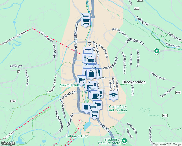 map of restaurants, bars, coffee shops, grocery stores, and more near 111 South Ridge Street in Breckenridge