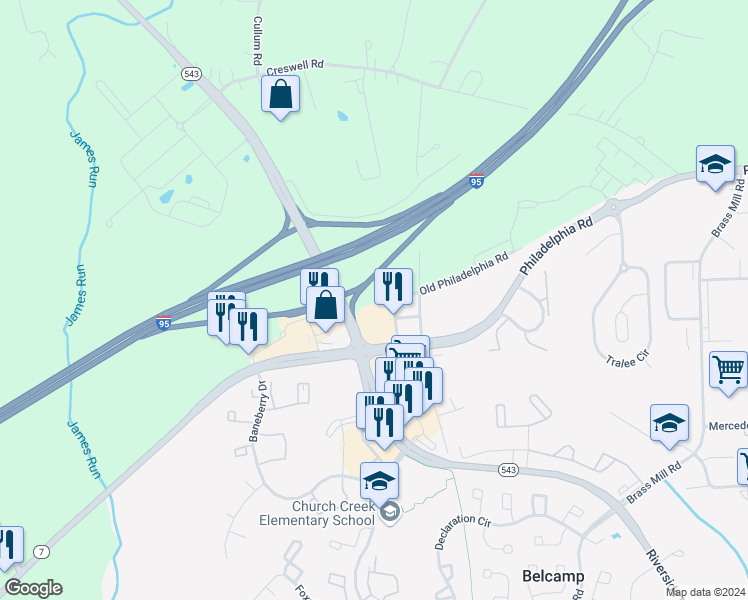 map of restaurants, bars, coffee shops, grocery stores, and more near 1361 James Way in Belcamp