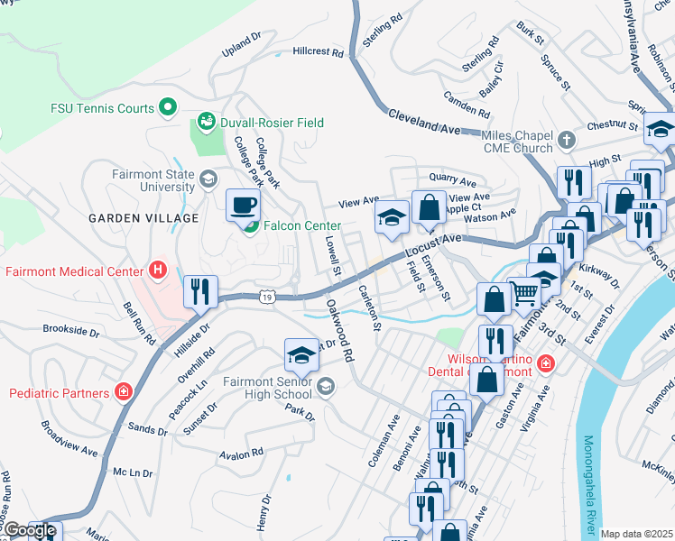 map of restaurants, bars, coffee shops, grocery stores, and more near 910 Short Avenue in Fairmont