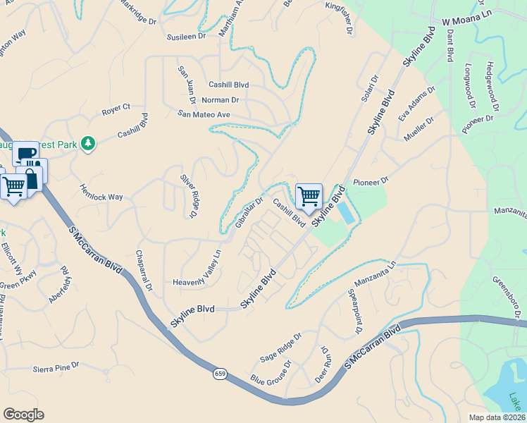 map of restaurants, bars, coffee shops, grocery stores, and more near 3313 Skyline Boulevard in Reno