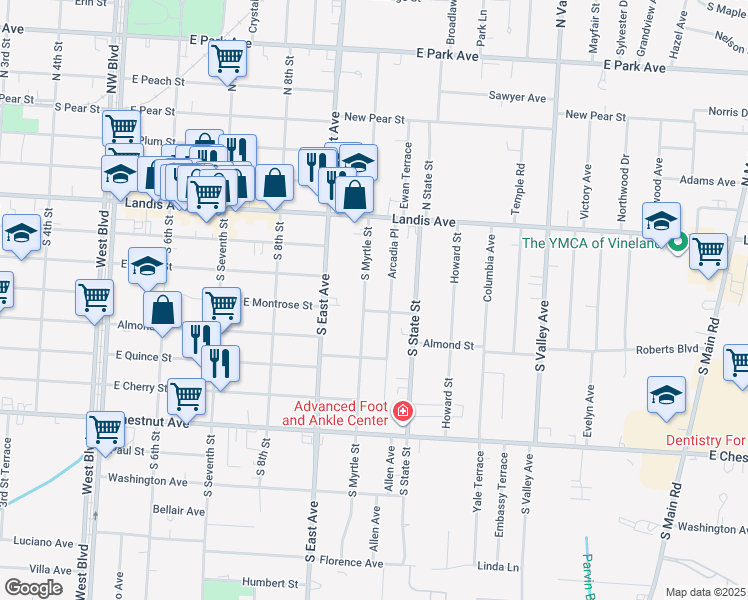 map of restaurants, bars, coffee shops, grocery stores, and more near 25 South Myrtle Street in Vineland