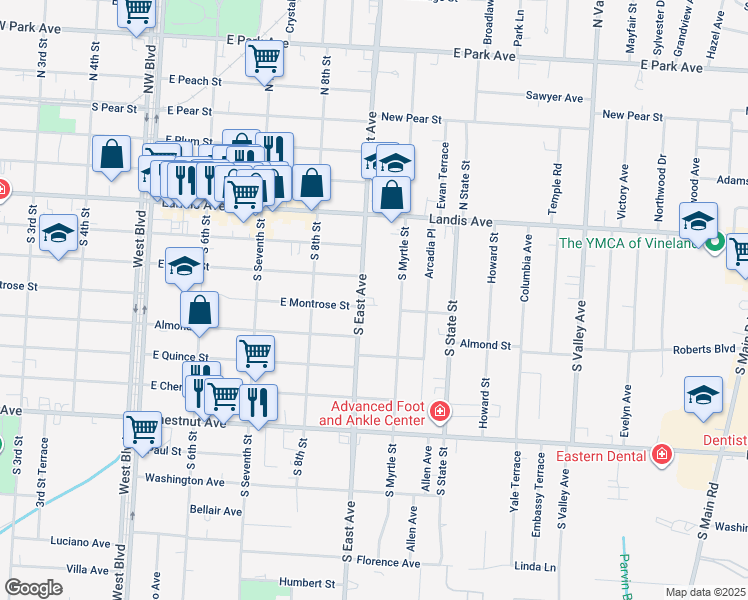 map of restaurants, bars, coffee shops, grocery stores, and more near 209 South East Avenue in Vineland