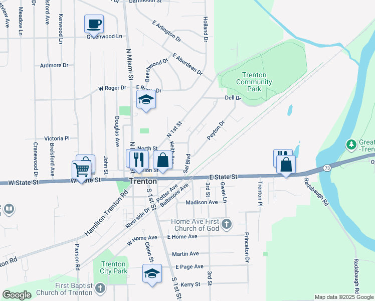 map of restaurants, bars, coffee shops, grocery stores, and more near 203 Lacey Drive in Trenton