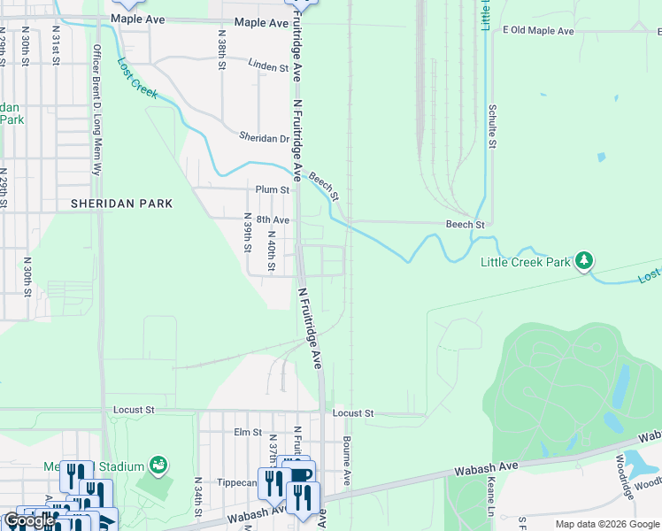 map of restaurants, bars, coffee shops, grocery stores, and more near 601-649 North 42nd Street in Terre Haute