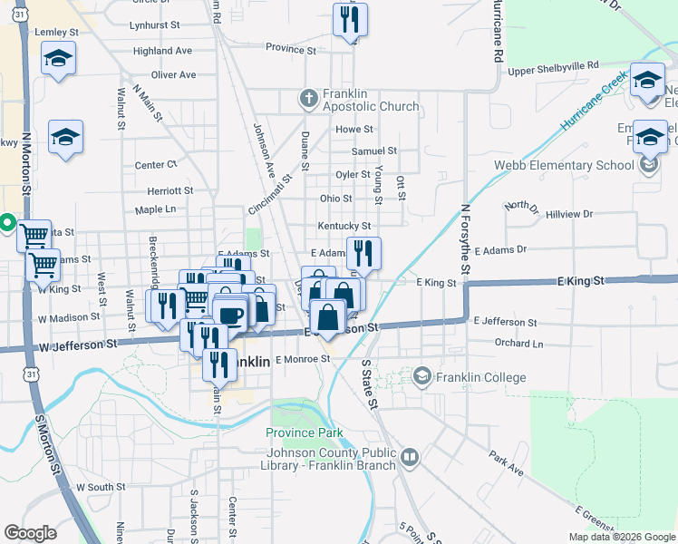 map of restaurants, bars, coffee shops, grocery stores, and more near 248 Hurricane Street in Franklin