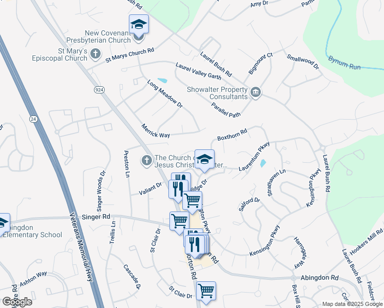 map of restaurants, bars, coffee shops, grocery stores, and more near 15 Mitchell Drive in Abingdon
