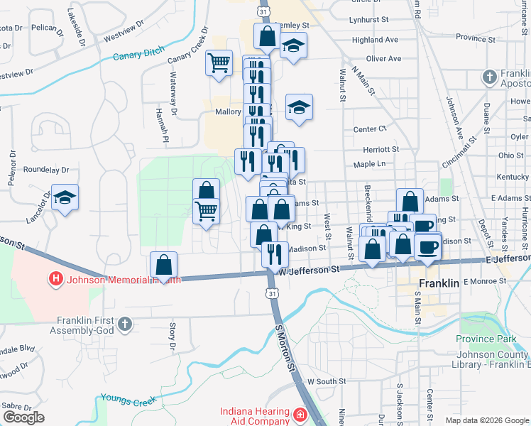 map of restaurants, bars, coffee shops, grocery stores, and more near 275 N Morton St in Franklin