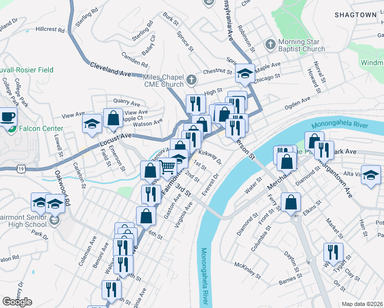 map of restaurants, bars, coffee shops, grocery stores, and more near 21 Adams Street in Fairmont