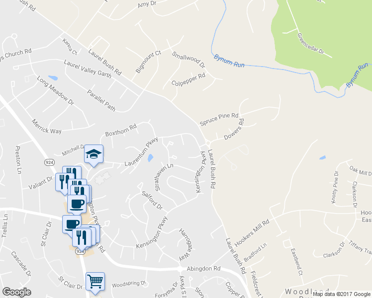 map of restaurants, bars, coffee shops, grocery stores, and more near 2839 Dainaway Court in Abingdon