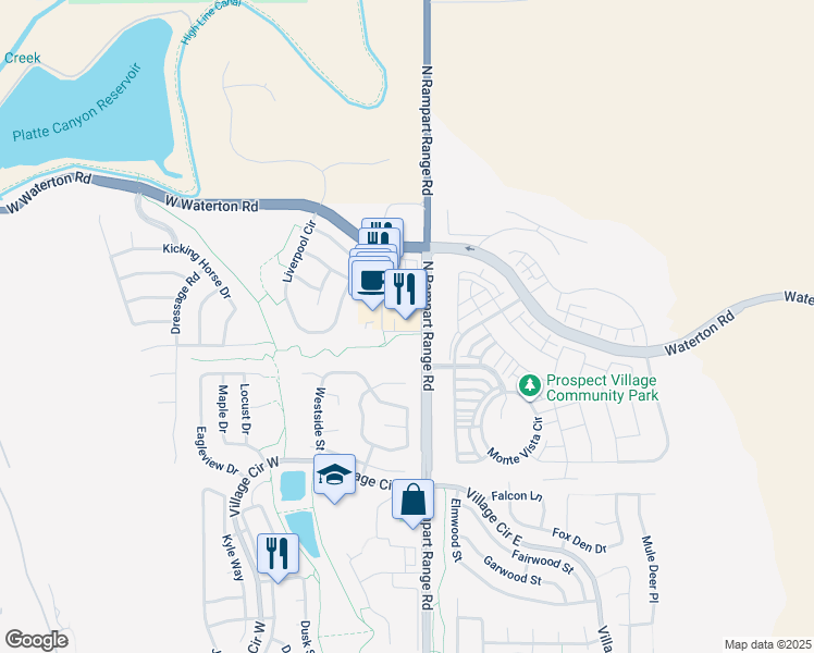 map of restaurants, bars, coffee shops, grocery stores, and more near 8351 North Rampart Range Road in Littleton