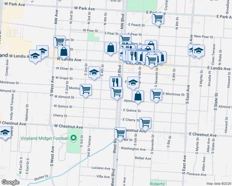 map of restaurants, bars, coffee shops, grocery stores, and more near 302 Southwest Blvd in Vineland
