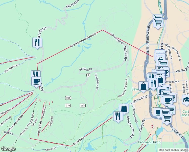 map of restaurants, bars, coffee shops, grocery stores, and more near 28 Grandview Drive in Breckenridge